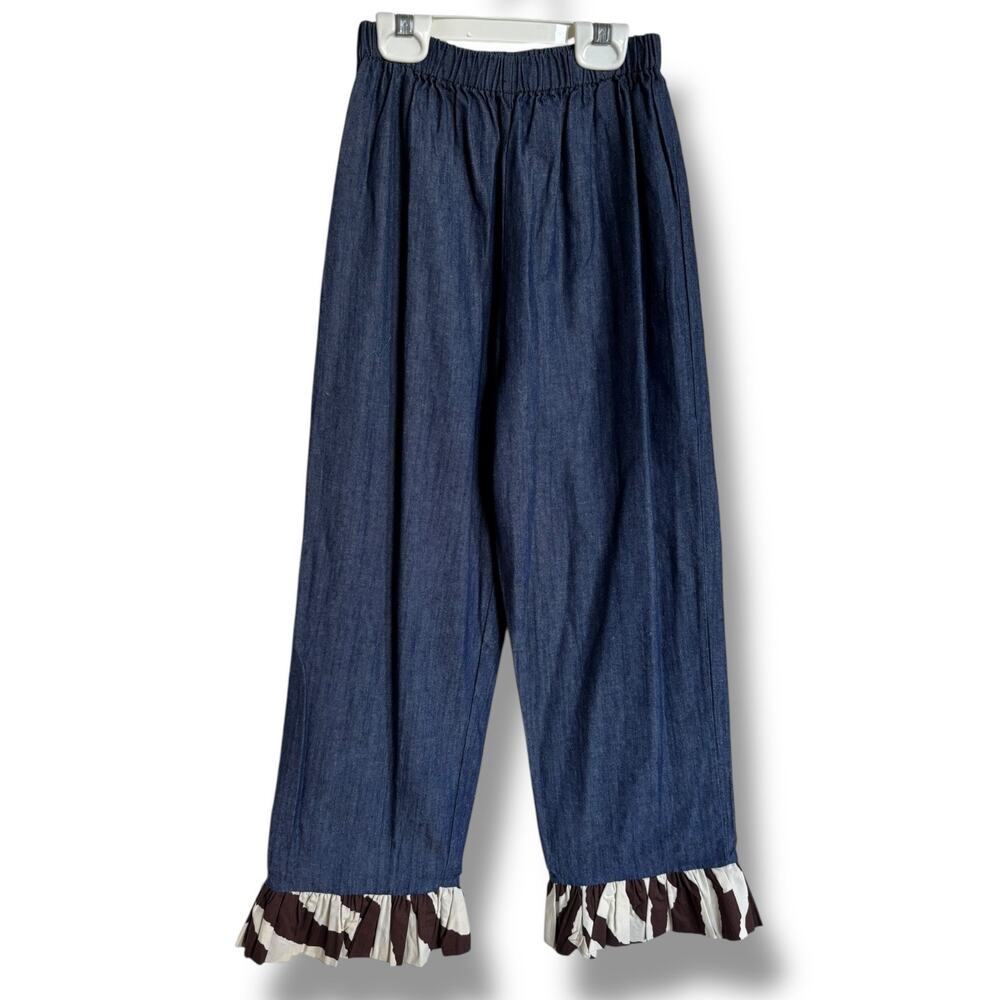 Beehave‎ Girls Pants Size 8 Blue Chambray Zebra Print Ruffle Boutique